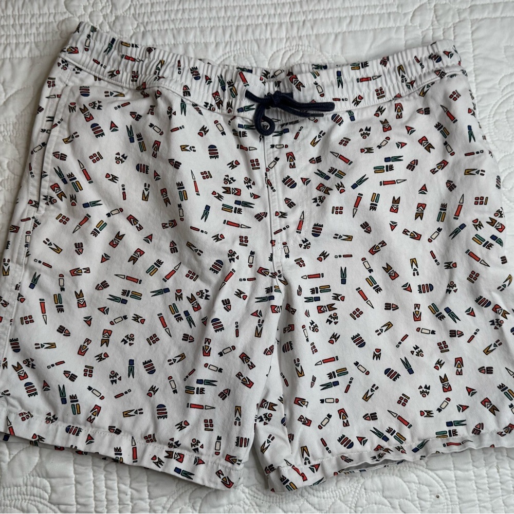 Zipcode Mens Large White Aztec Southwestern Cotton Drawstring Beach Shorts EUC
